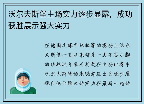 沃尔夫斯堡主场实力逐步显露，成功获胜展示强大实力